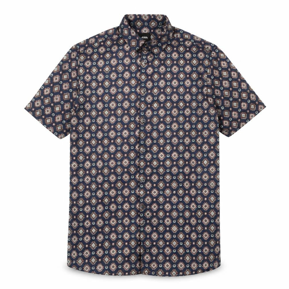 Burton Mens Blue Geometric Polyester Button-Up Size S Collared Button