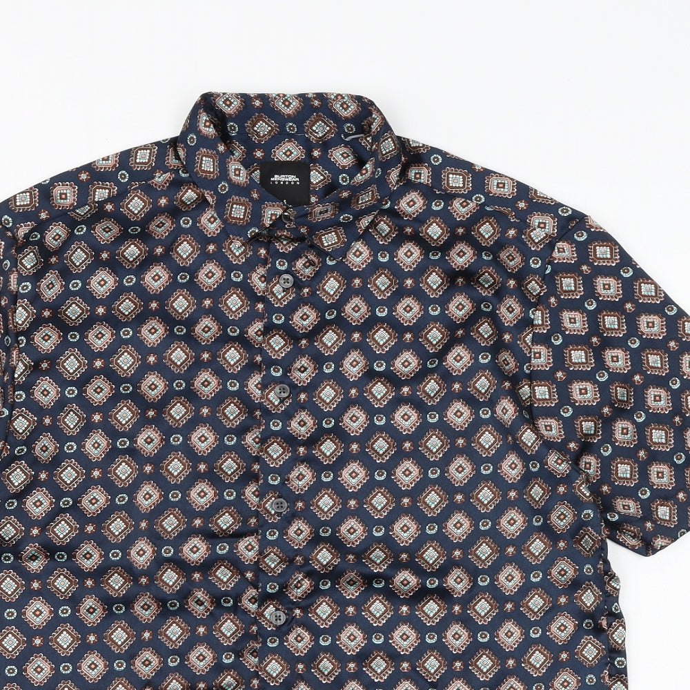 Burton Mens Blue Geometric Polyester Button-Up Size S Collared Button
