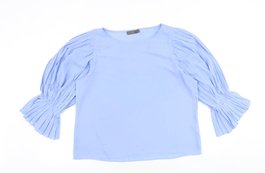 Preworn Womens Blue Polyester Basic Blouse Size L Boat Neck - Pleated Sleeves