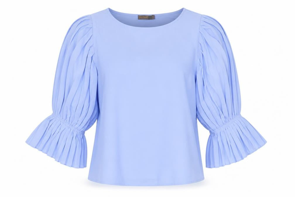 Preworn Womens Blue Polyester Basic Blouse Size L Boat Neck - Pleated Sleeves