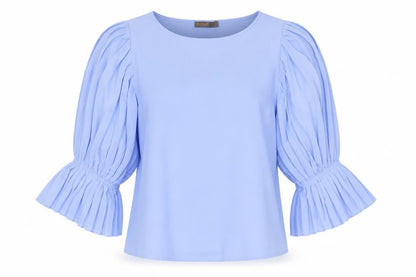 Preworn Womens Blue Polyester Basic Blouse Size L Boat Neck - Pleated Sleeves