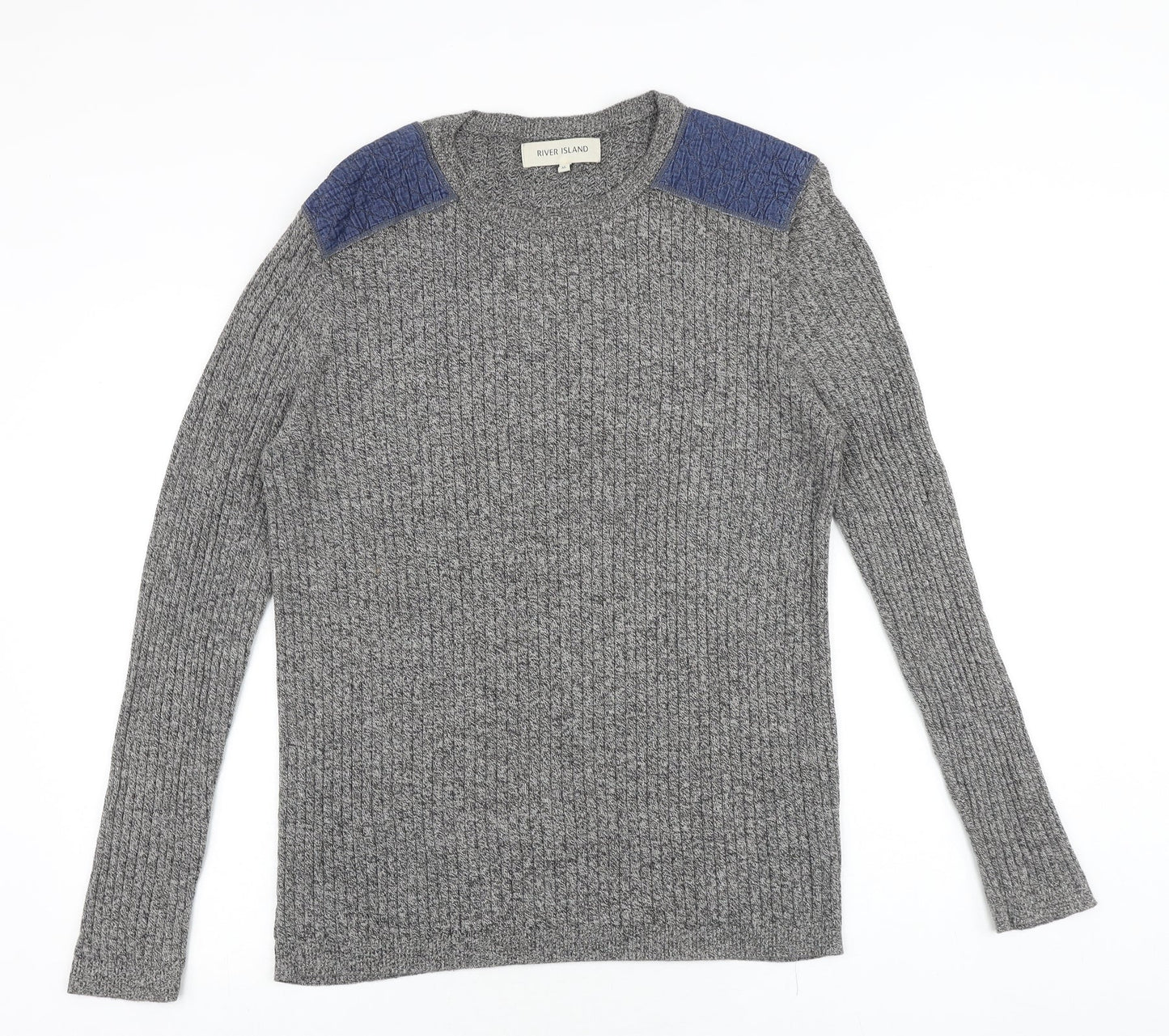 River Island Mens Grey Round Neck Cotton Pullover Jumper Size XL Long Sleeve