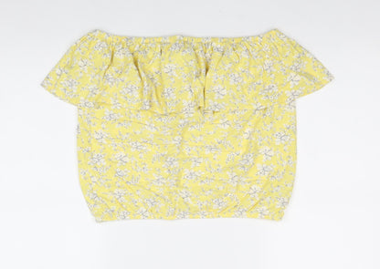 Next Womens Yellow Floral 100% Cotton Basic Blouse Size 14 Off the Shoulder