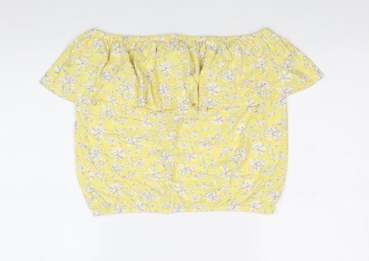 NEXT Womens Yellow Floral 100% Cotton Basic Blouse Size 14 Off the Shoulder