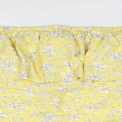 Next Womens Yellow Floral 100% Cotton Basic Blouse Size 14 Off the Shoulder