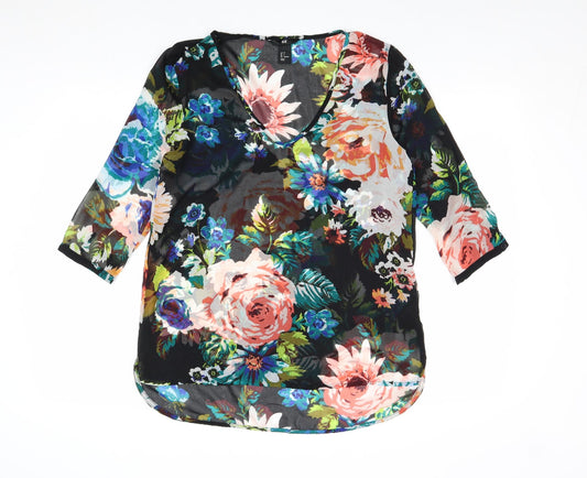H&M Womens Black Floral Polyester Basic Blouse Size 6 V-Neck - Sheer