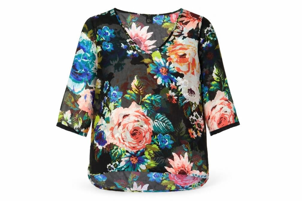 H&M Womens Black Floral Polyester Basic Blouse Size 6 V-Neck - Sheer