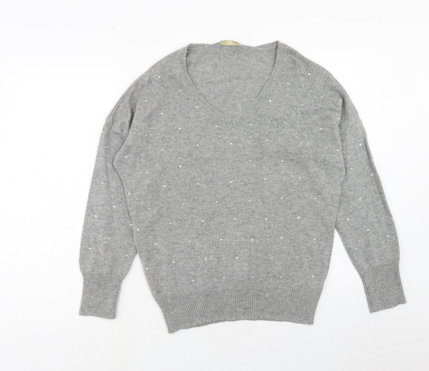 TU Womens Grey V-Neck Acrylic Pullover Jumper Size 12