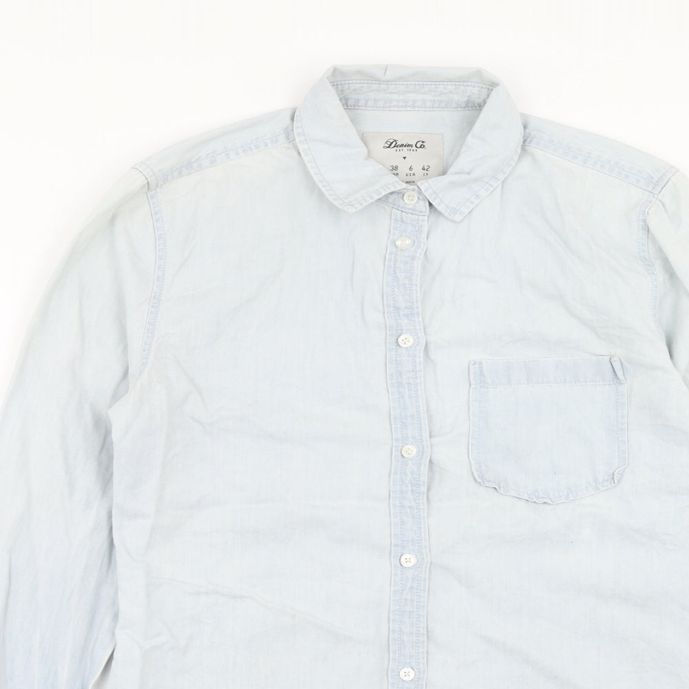 Denim & Co. Womens Blue Cotton Basic Button-Up Size 10 Collared