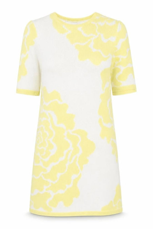 Media Womens Yellow Geometric Acrylic T-Shirt Dress Size 10 Roll Neck Button