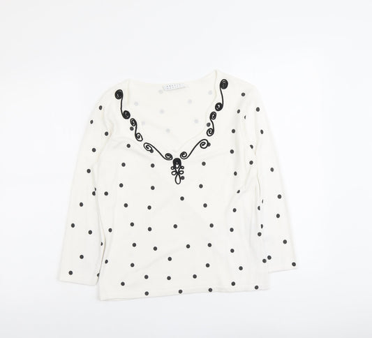 Precis Womens White V-Neck Polka Dot Viscose Pullover Jumper Size S