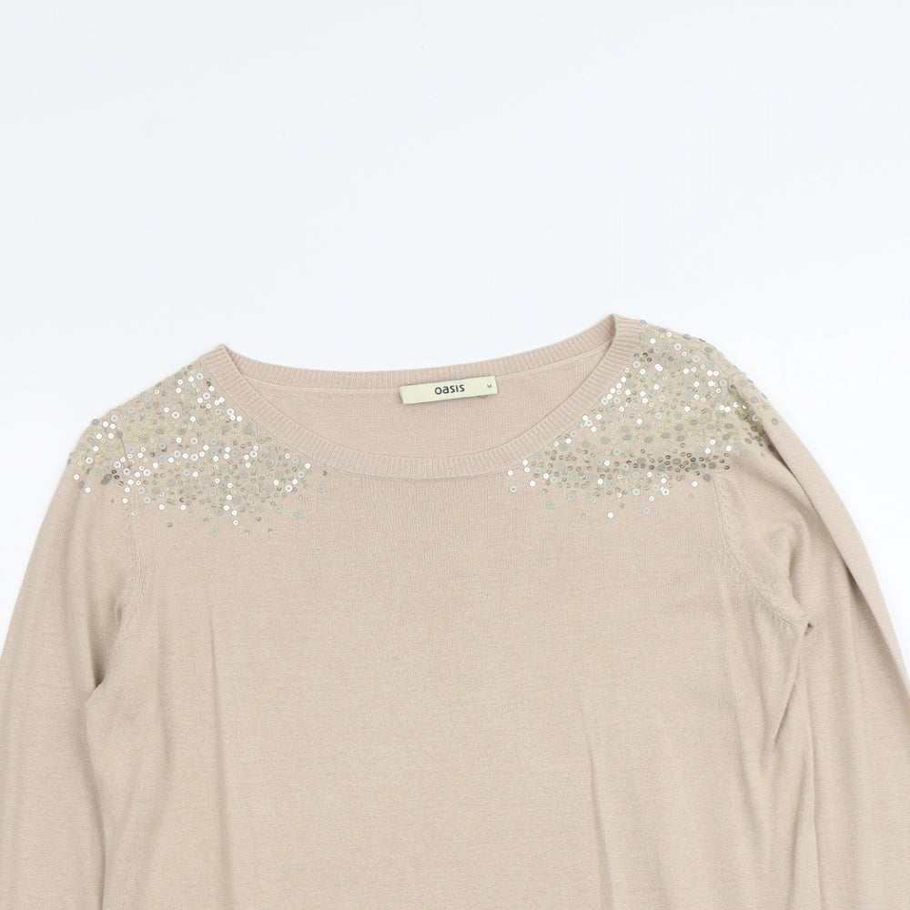 Oasis Womens Beige Round Neck Cotton Pullover Jumper Size M