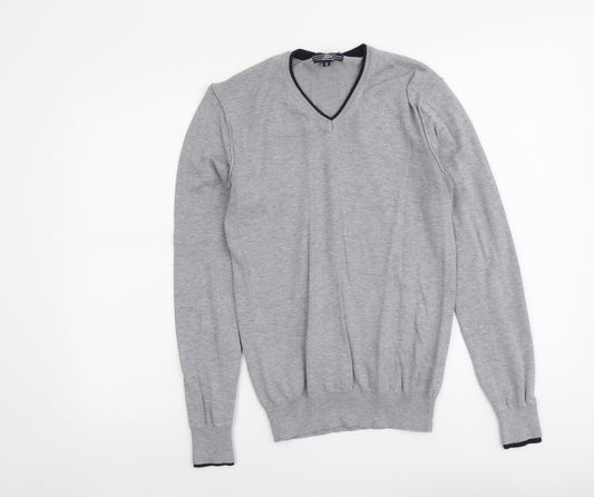 Authentic Mens Grey V-Neck Viscose Pullover Jumper Size S Long Sleeve