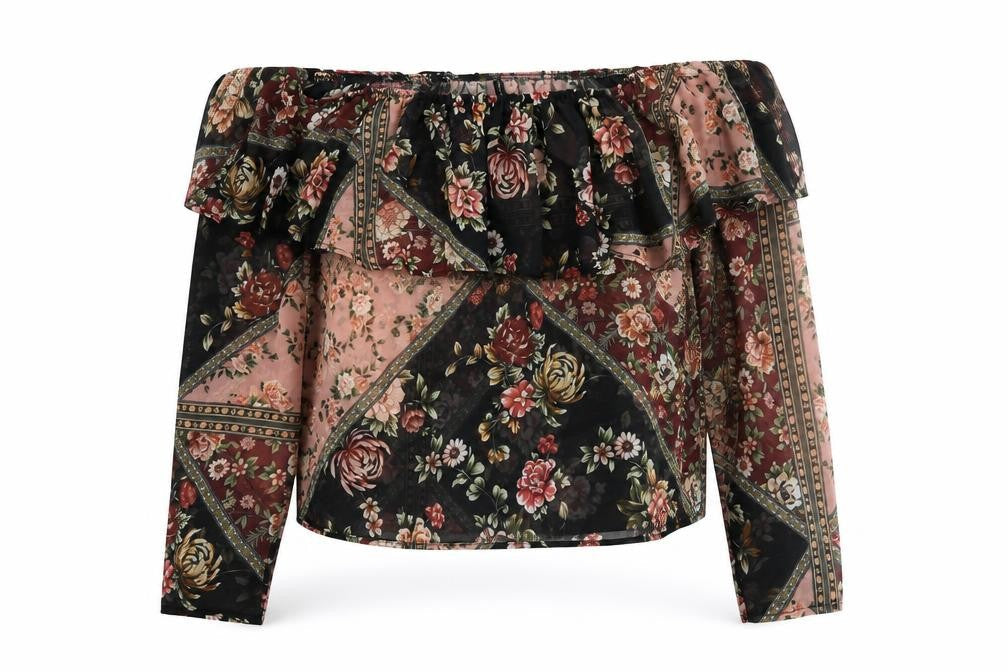 Stradivarius Womens Black Floral Polyester Basic Blouse Size L Off the Shoulder