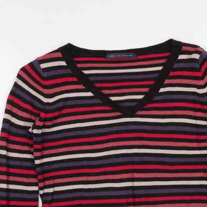 Marks & Spencer Womens Multicoloured V-Neck Striped Acrylic Pullover Jumper Size 8