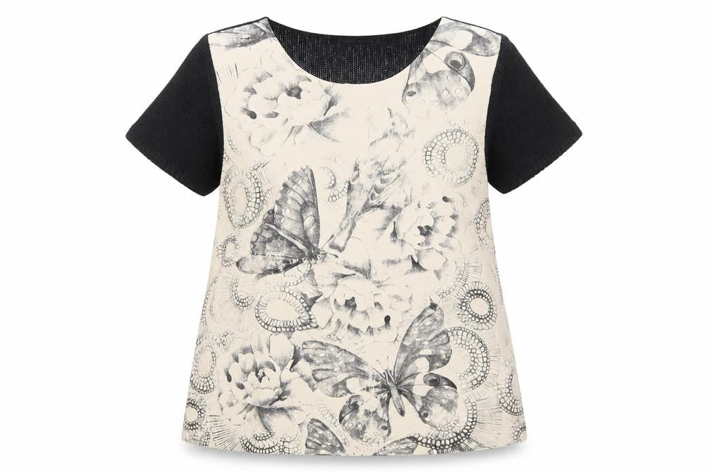 Marks & Spencer Womens Beige Geometric Acrylic Basic Blouse Size 10 Boat Neck - Butterfly Pattern