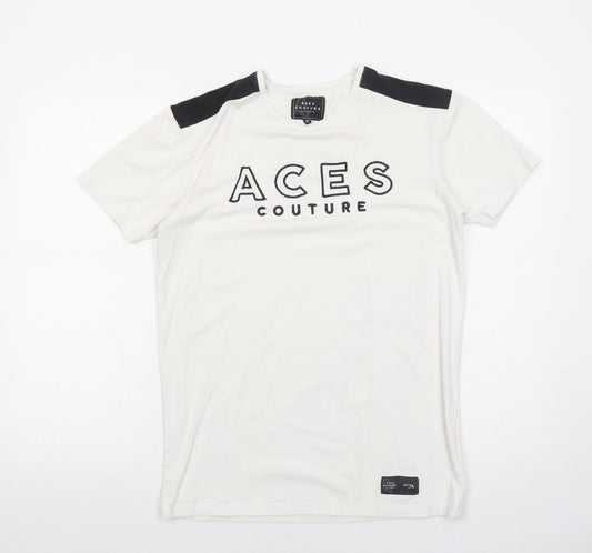 Ace Couture Mens White Cotton T-Shirt Size XS Round Neck