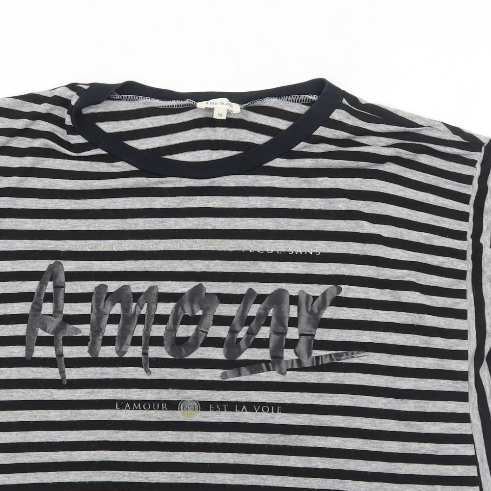 River Island Womens Grey Striped Viscose Basic T-Shirt Size 10 Round Neck - Amour
