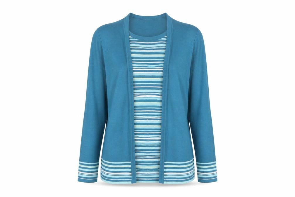 Arista Womens Blue Striped Acrylic Basic Blouse Size 12 Round Neck