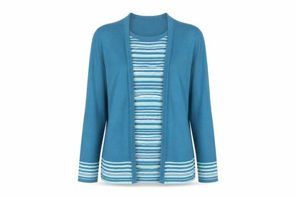 Front view of Arista women’s blue striped acrylic basic blouse, size UK 12, round neck
