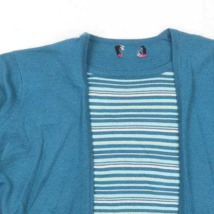 Close-up detail of Arista women’s blue striped acrylic basic blouse, size UK 12, round neck