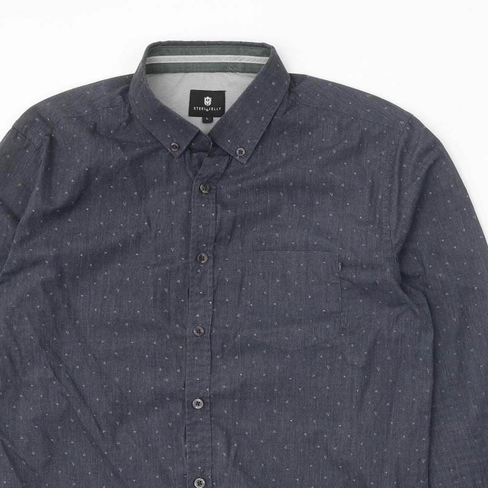 Steel & Jelly Mens Grey Geometric Cotton Button-Up Size L Collared Button