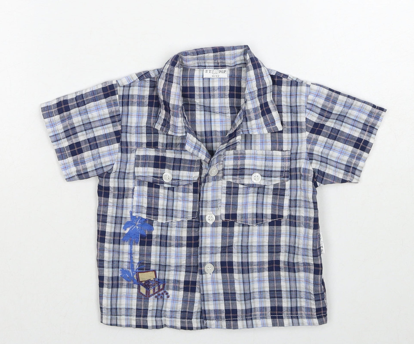 Stomp Boys Blue Plaid Cotton Basic Button-Up Size 6-9 Months Collared Button - Age 6-12 Months, Treasure Chest