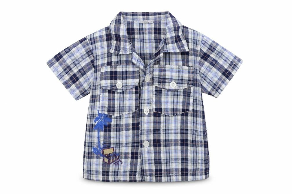 Stomp Boys Blue Plaid Cotton Basic Button-Up Size 6-9 Months Collared Button - Age 6-12 Months, Treasure Chest