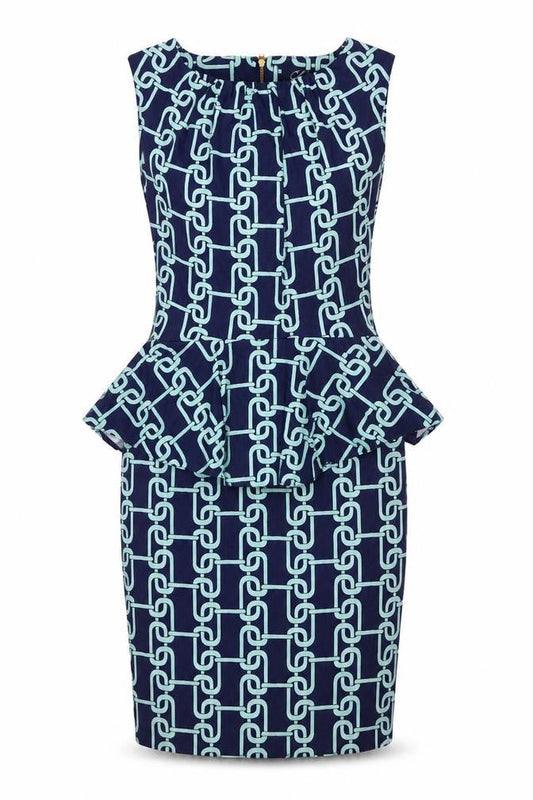Closet Womens Blue Geometric Cotton Pencil Dress Size 8 Round Neck Zip