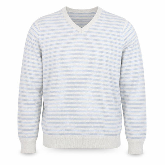 Marks & Spencer Mens Grey V-Neck Striped Cotton Pullover Jumper Size S Long Sleeve
