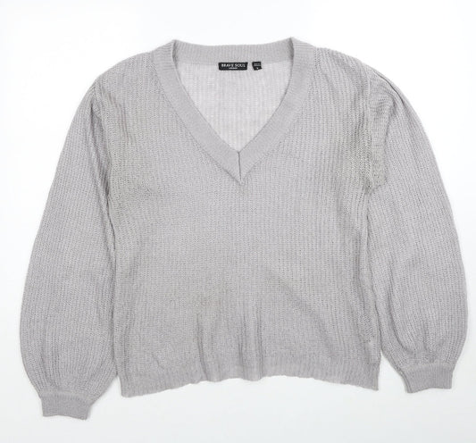 Brave Soul Womens Grey V-Neck Acrylic Pullover Jumper Size S
