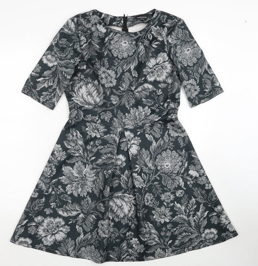 Warehouse Womens Green Floral Polyester A-Line Size 12 Round Neck Zip