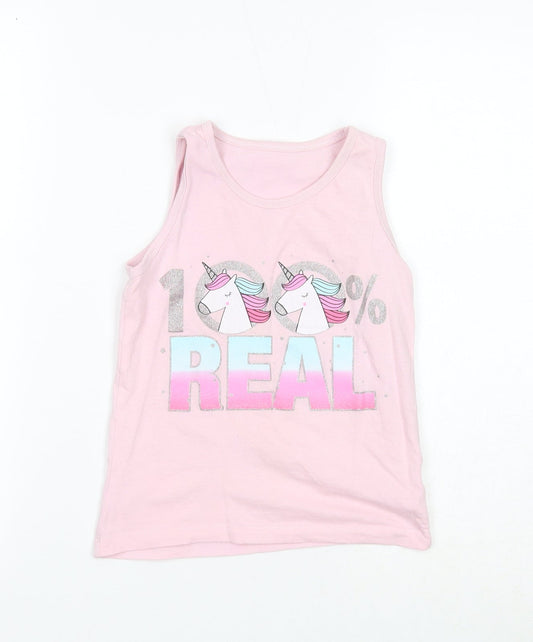 Preworn Girls Pink Cotton Basic Tank Size 7-8 Years Round Neck Pullover - 100% Real
