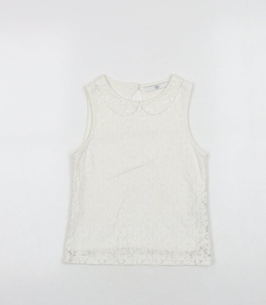 Marks and Spencer Girls White Cotton Basic Tank Size 7-8 Years Collared Button