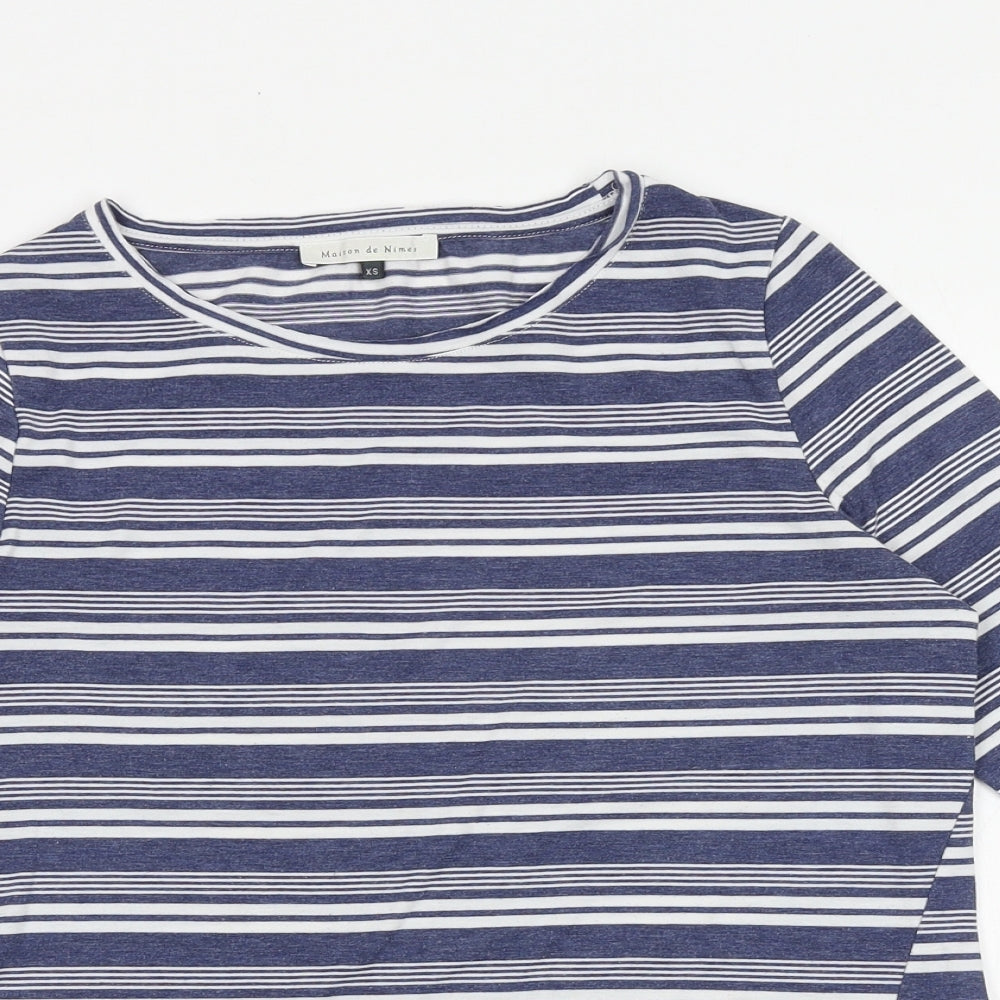 Maison De Nimes Womens Blue Striped Polyester Basic T-Shirt Size XS Boat Neck