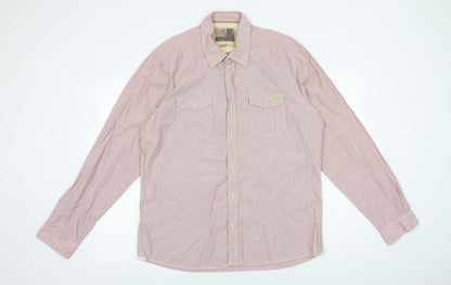 Marks & Spencer Mens Red Striped Cotton Button-Up Size L Collared Button