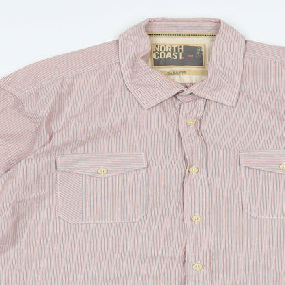 Marks & Spencer Mens Red Striped Cotton Button-Up Size L Collared Button