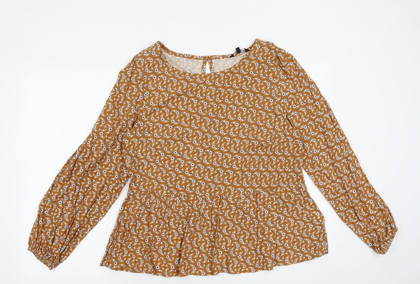 Preworn Womens Brown Geometric Polyester Basic Blouse Size 12 Round Neck