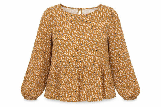 Preworn Womens Brown Geometric Polyester Basic Blouse Size 12 Round Neck