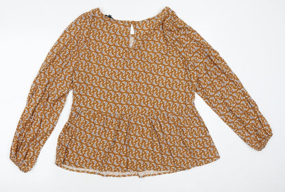 Preworn Womens Brown Geometric Polyester Basic Blouse Size 12 Round Neck