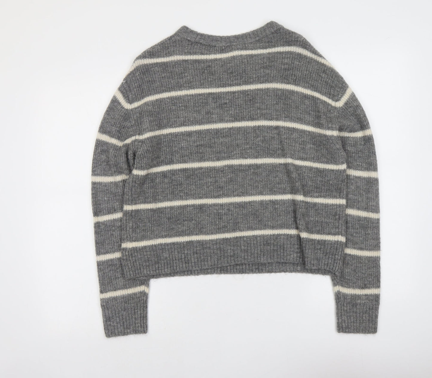 H&M Womens Grey Round Neck Striped Acrylic Pullover Jumper Size S
