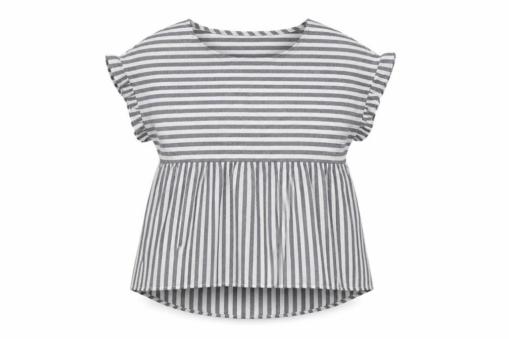 SheIn Womens Grey Striped Polyester Basic Blouse Size M Round Neck