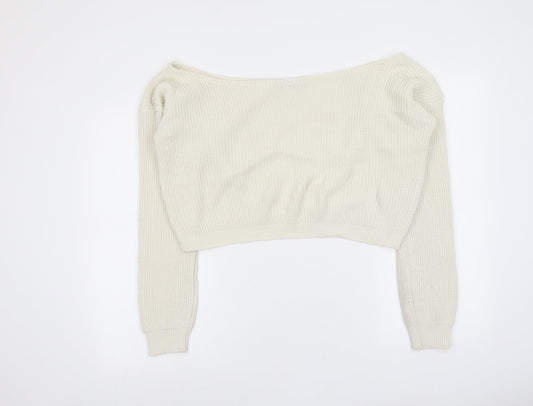PRETTYLITTLETHING Womens Ivory Boat Neck Acrylic Pullover Jumper Size 10 - Cropped