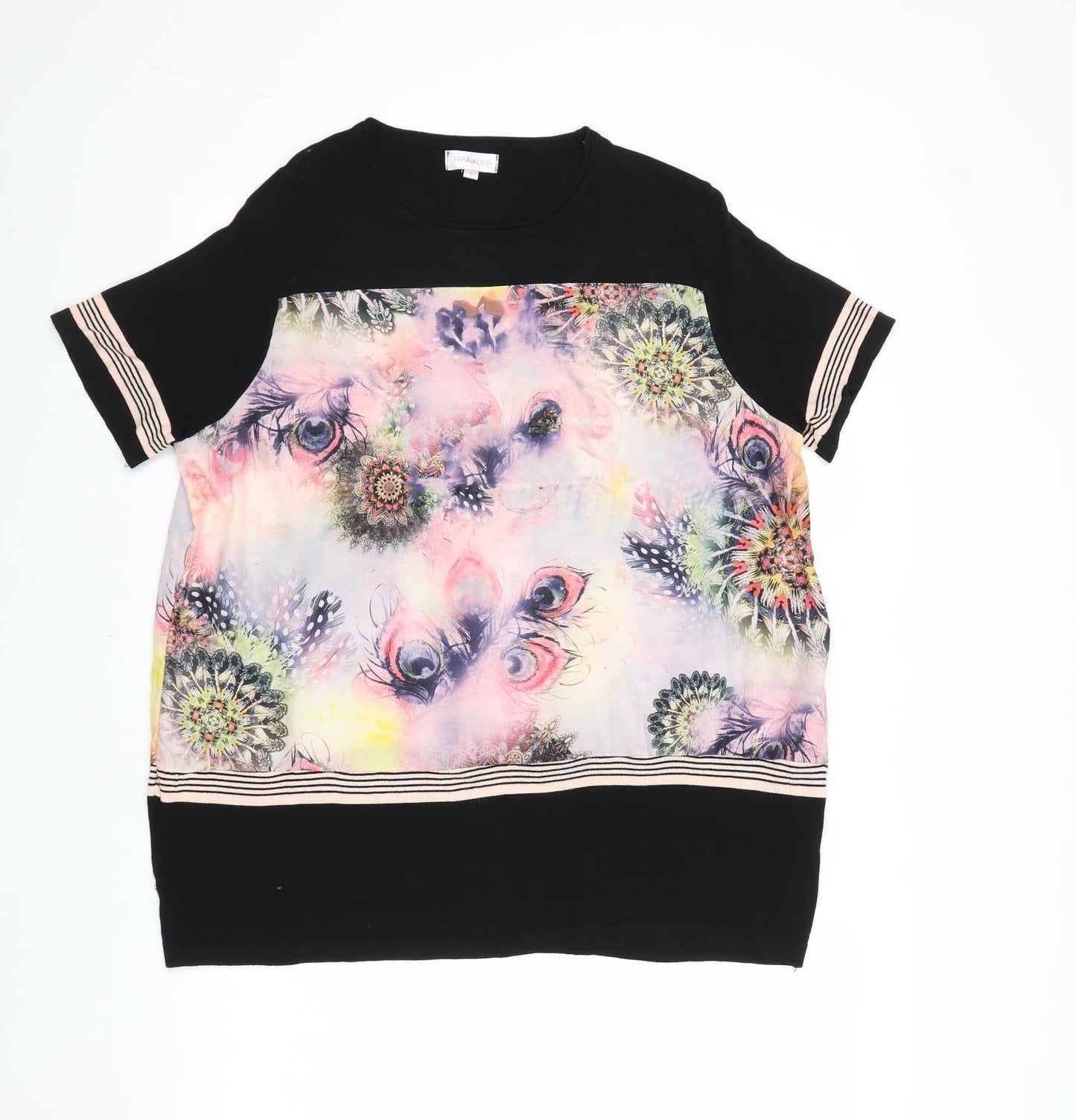 Paramour Womens Black Geometric Viscose Basic T-Shirt Size L Boat Neck