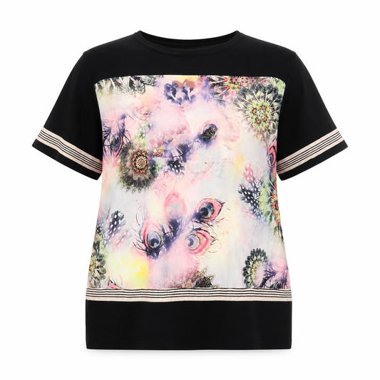 Paramour Womens Black Geometric Viscose Basic T-Shirt Size L Boat Neck