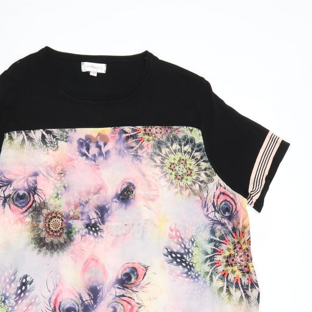 Paramour Womens Black Geometric Viscose Basic T-Shirt Size L Boat Neck