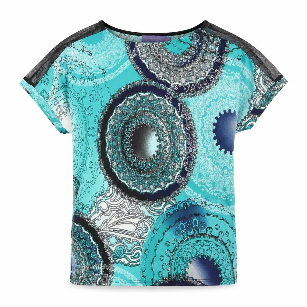Autonomy Womens Blue Geometric Polyester Basic T-Shirt Size M Boat Neck - Mesh Panels