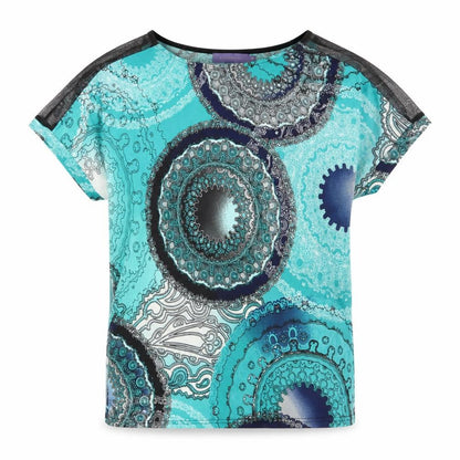 Autonomy Womens Blue Geometric Polyester Basic T-Shirt Size M Boat Neck - Mesh Panels