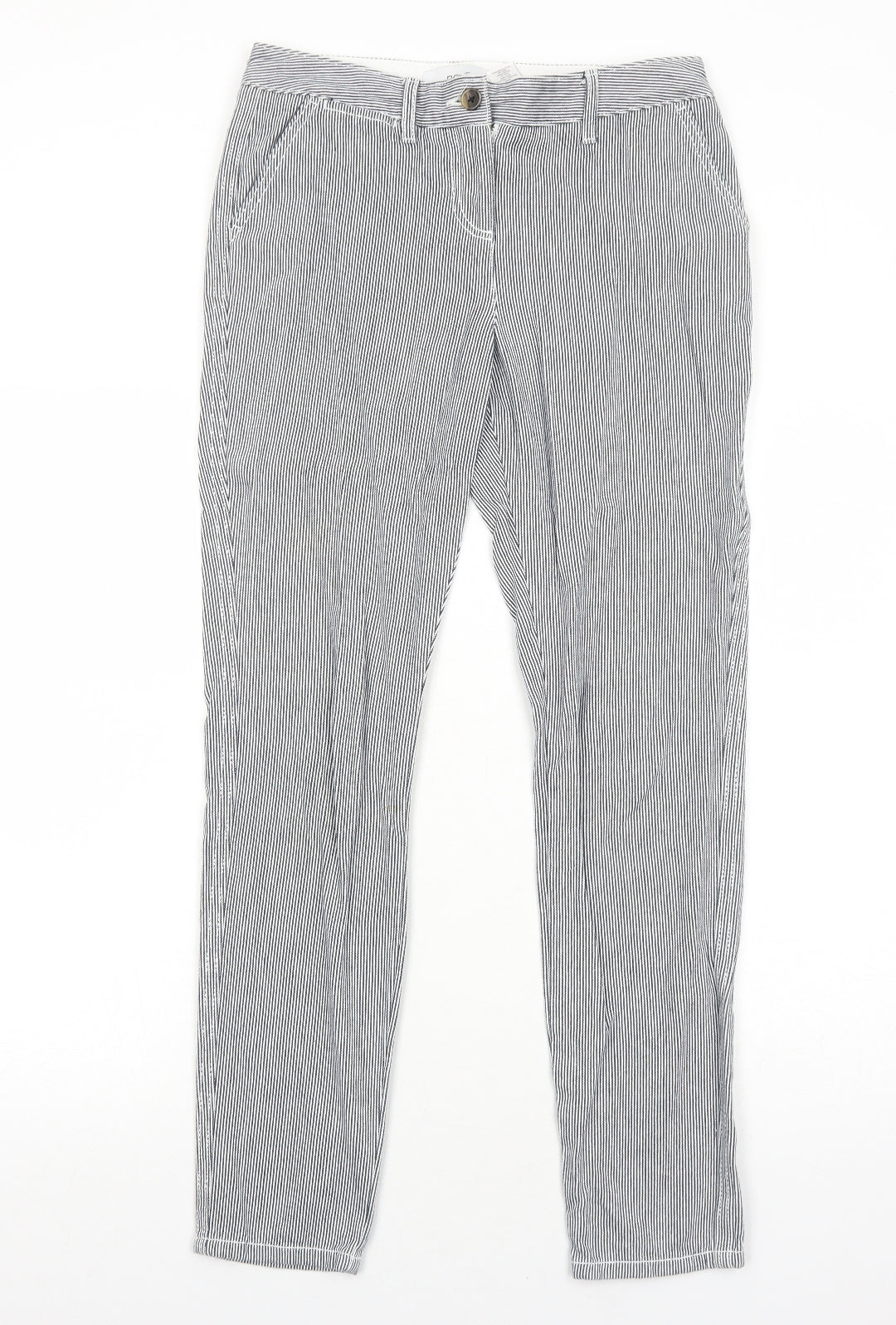 NEXT Womens Black Striped Cotton Capri Trousers Size 6 Regular Zip