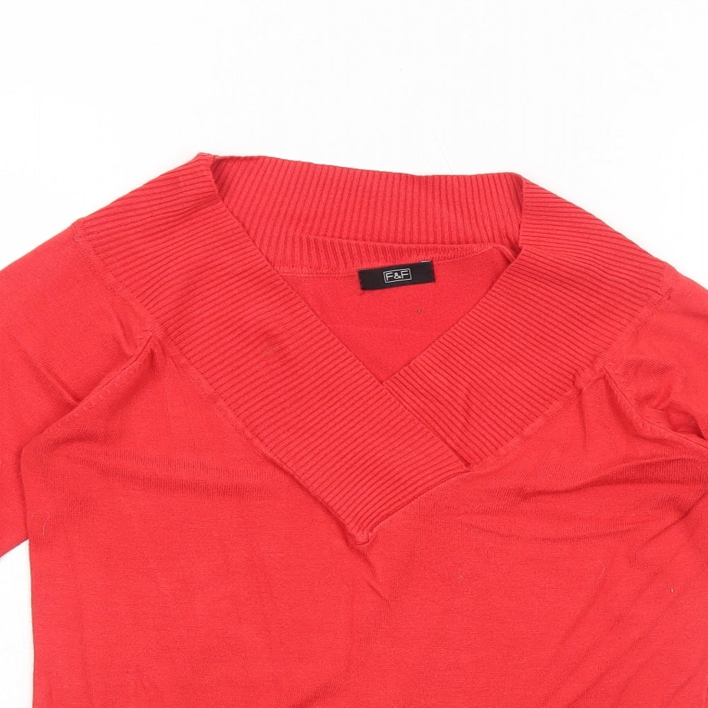 F&F& Womens Red V-Neck Viscose Pullover Jumper Size 10
